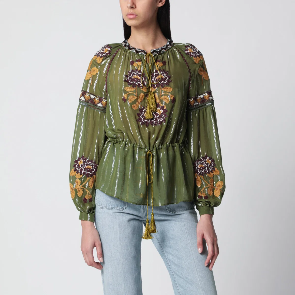 Valentino Embroidered Lurex Silk Shirt Green Camou