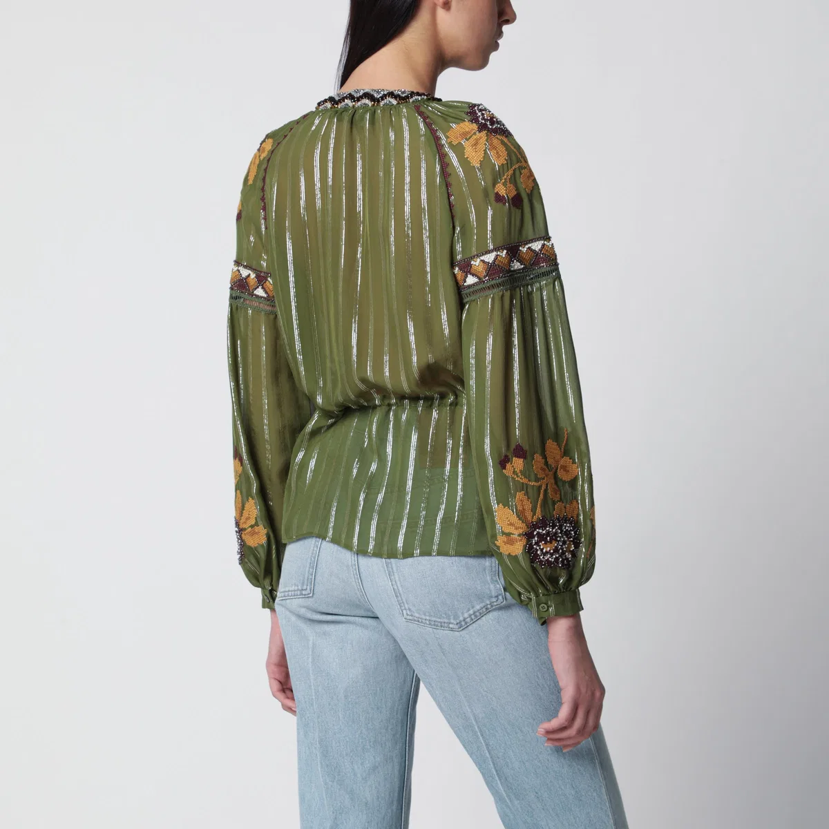 Valentino Embroidered Lurex Silk Shirt Green Camou