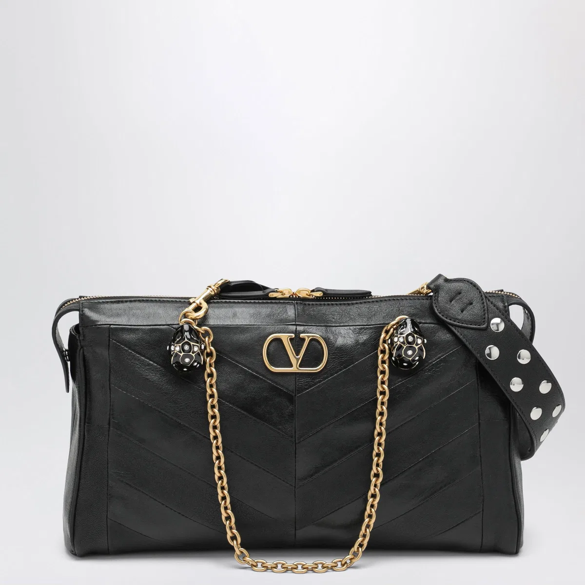 Valentino Garavani Panthea Chevron Bag In Black Leather