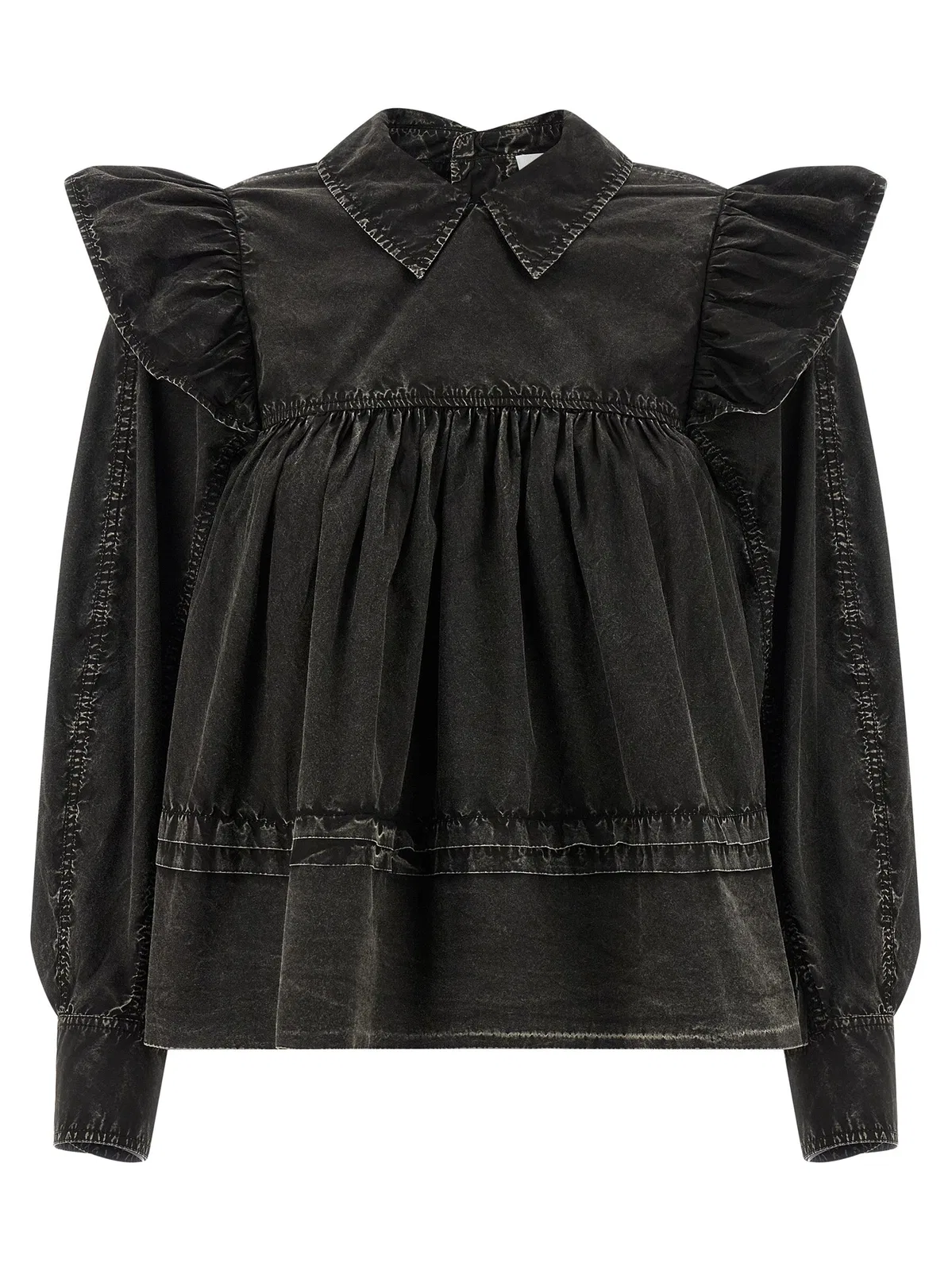 Ganni 'Black Washed Frill' Blouse