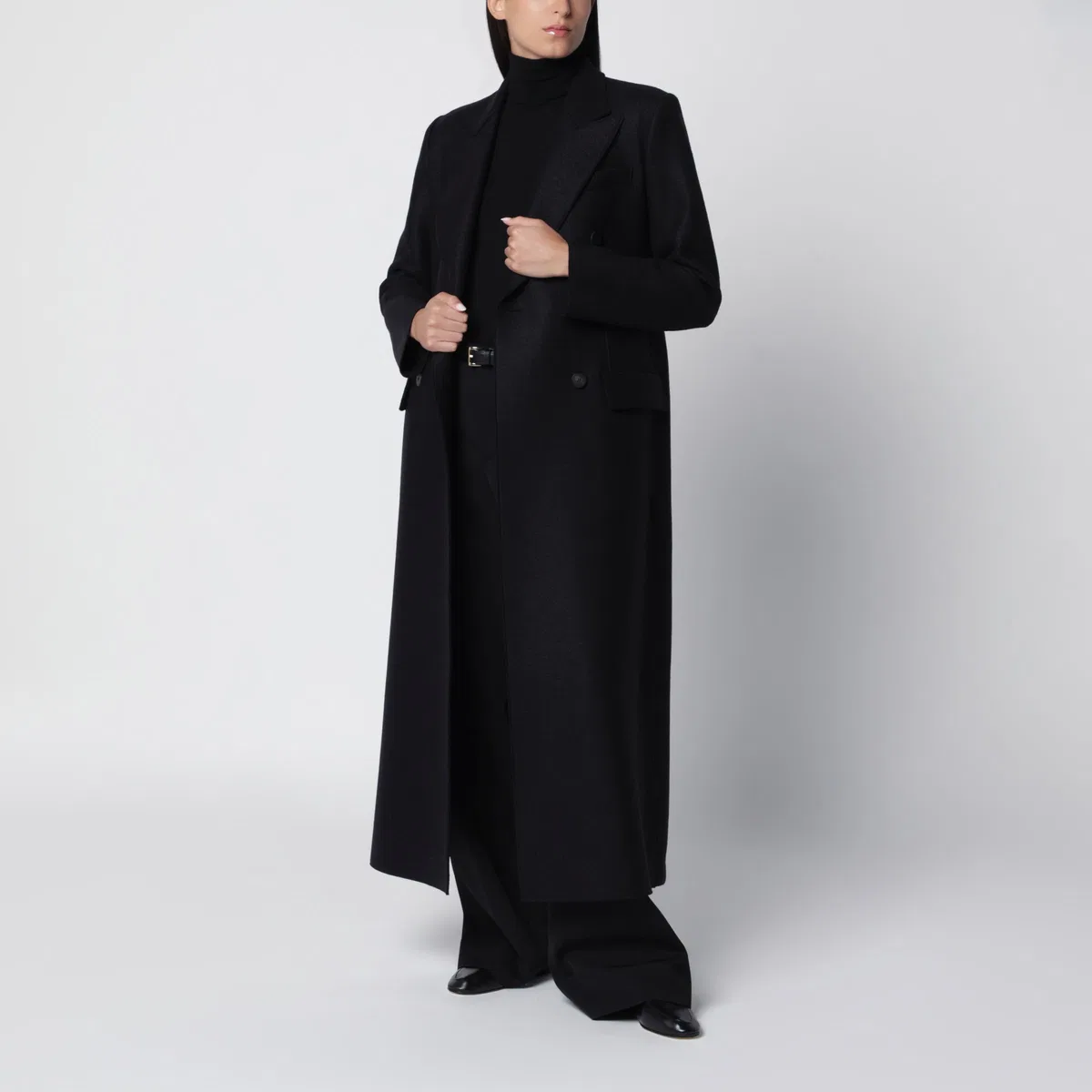 Harris Wharf London Long Black Double-Breasted Wool Coat