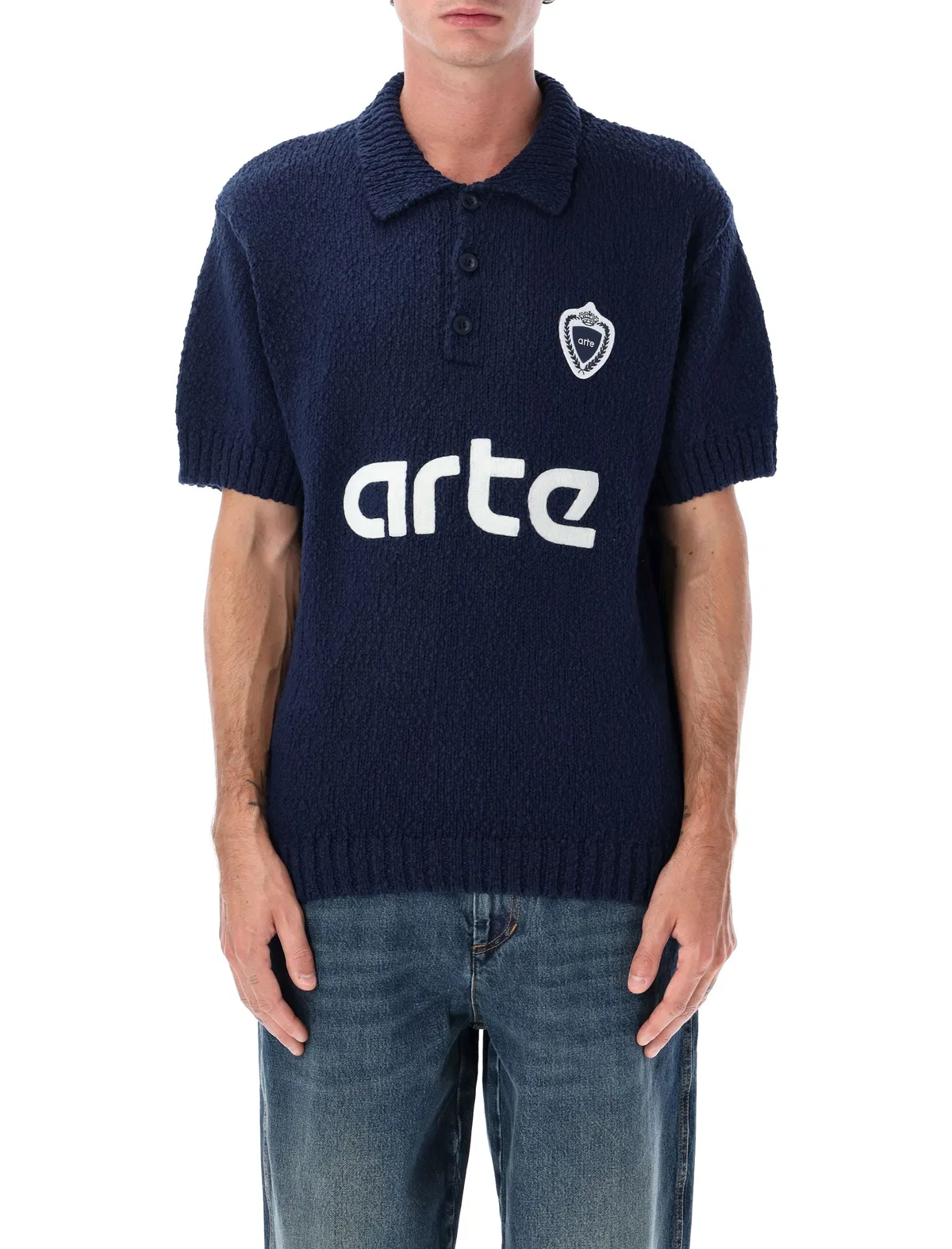 Arte Antwerp Football Knit Blue Cotton Polo Sweater W