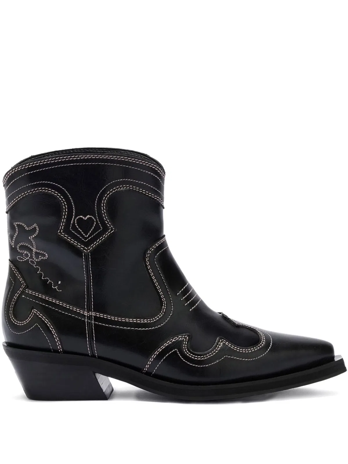 Ganni Black Short Western Boot Pink Stitching