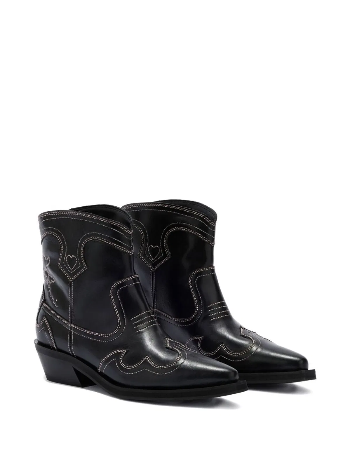 Ganni Black Short Western Boot Pink Stitching