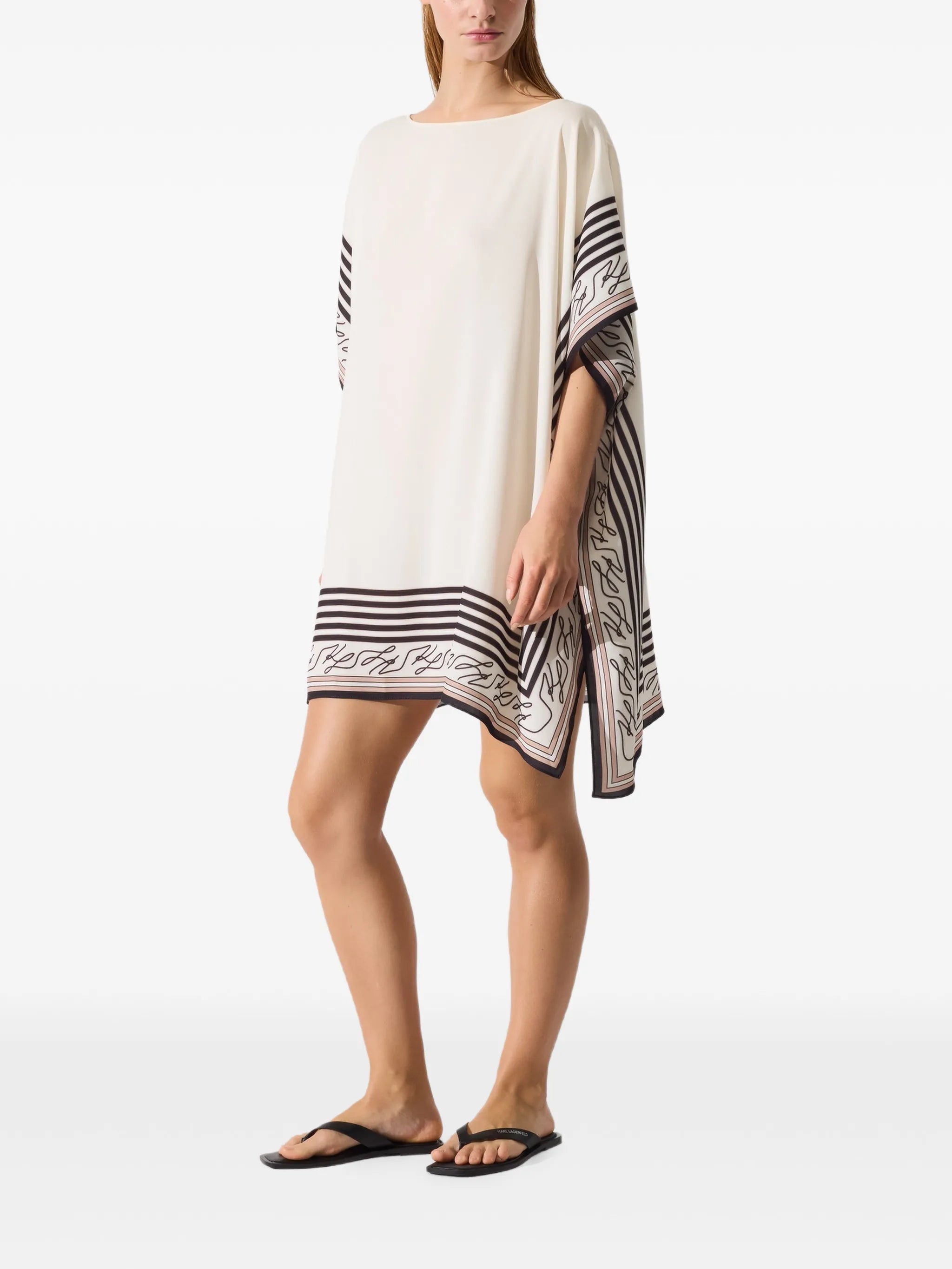 Karl Lagerfeld Natural Black Striped Poncho Logo