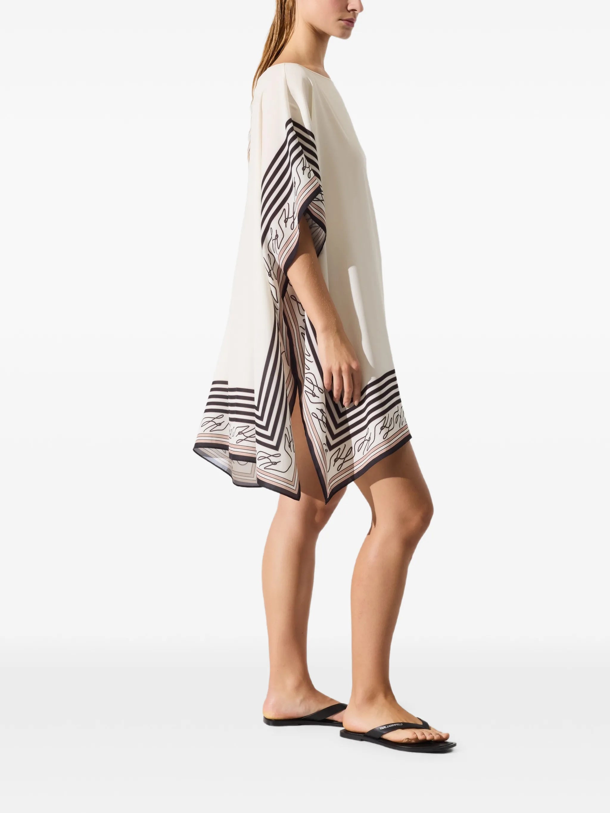 Karl Lagerfeld Natural Black Striped Poncho Logo