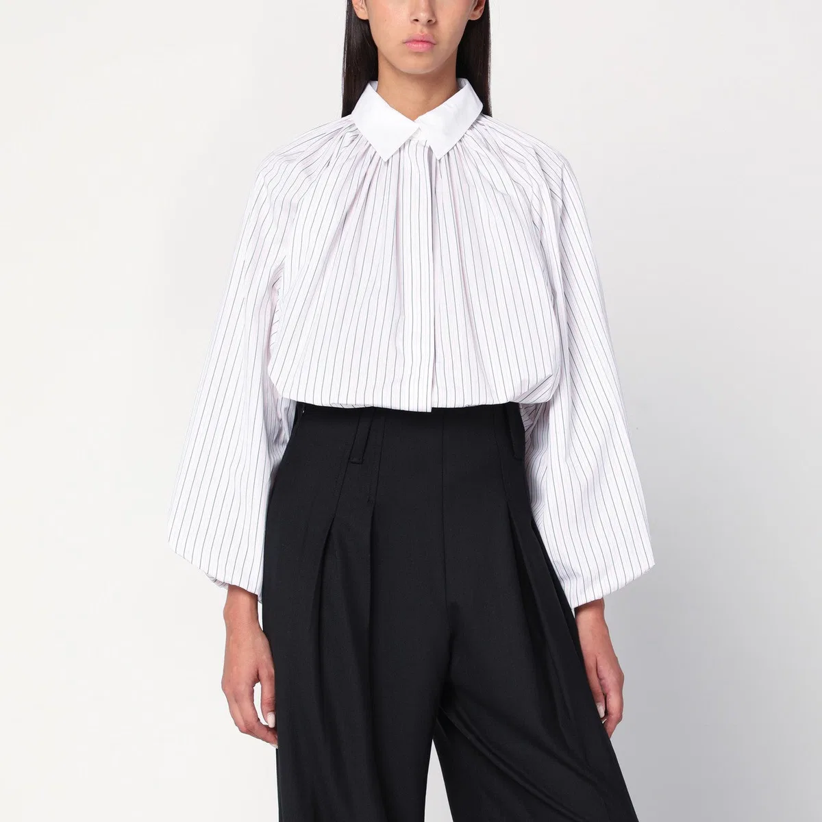 Patou Striped Balloon-Sleeve Shirt In White