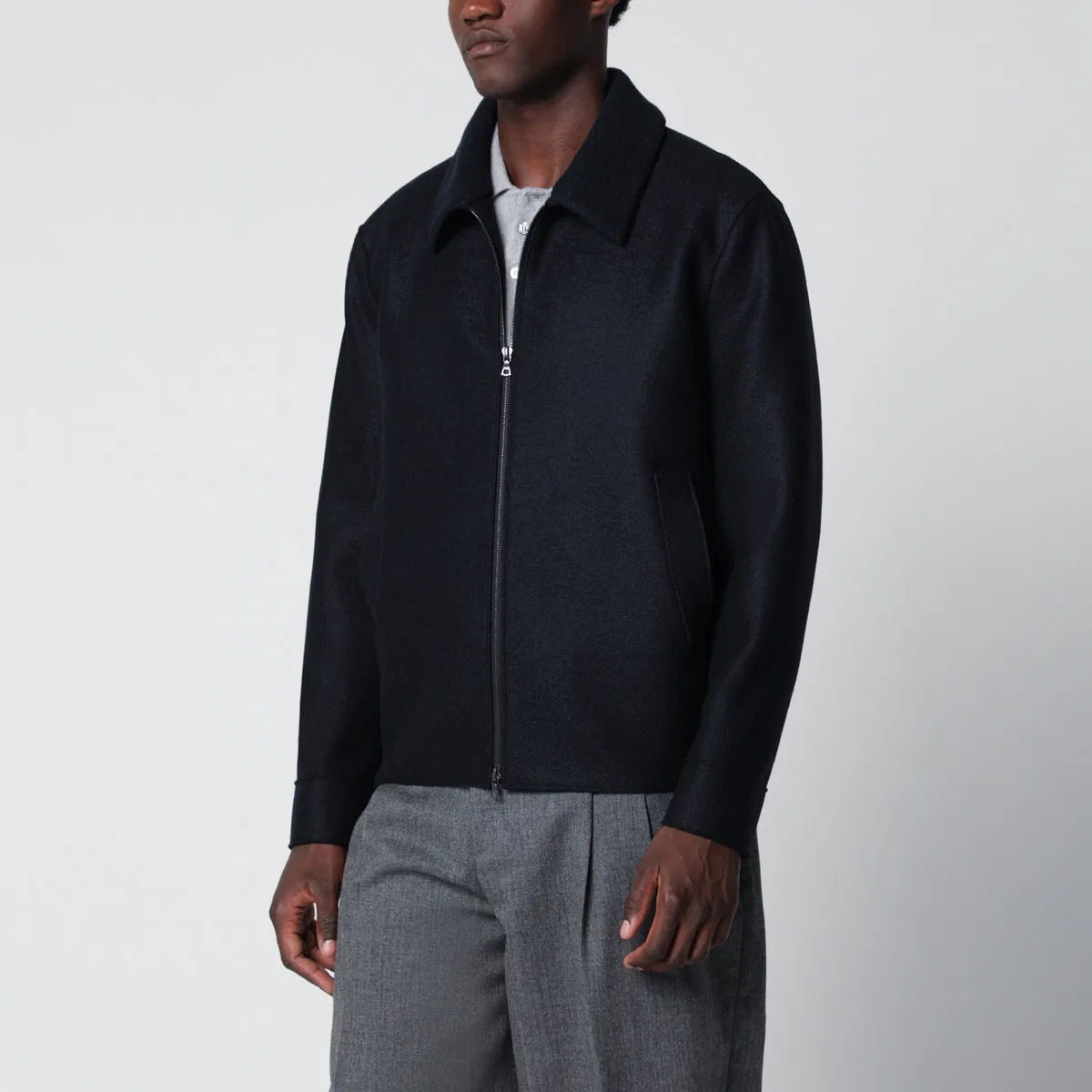 Harris Wharf London Navy Wool Zip-Up Jacket