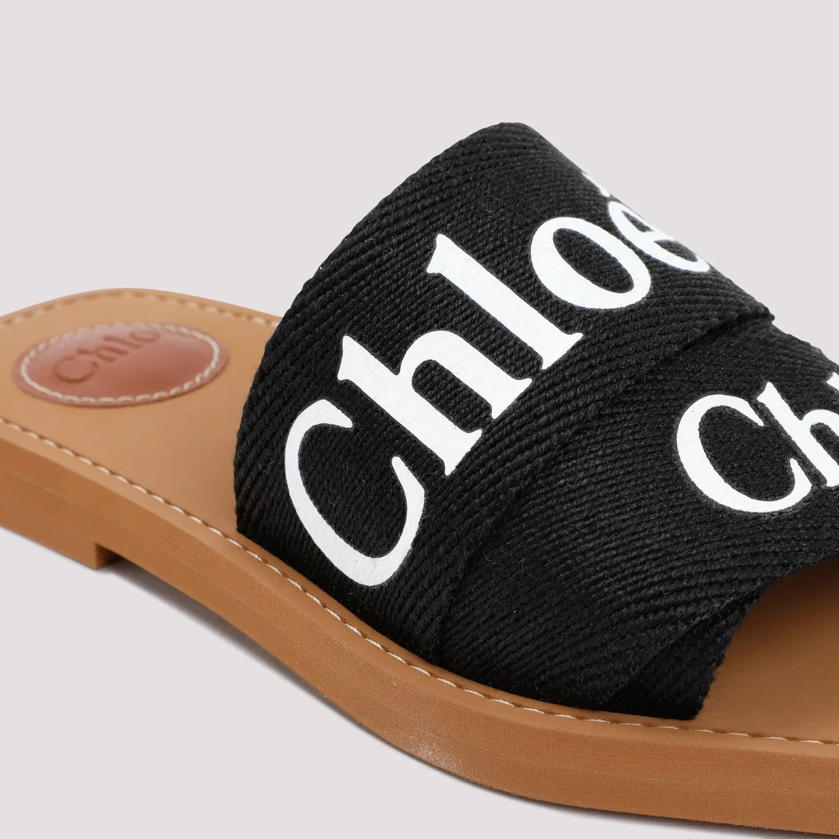 Chloé Camel Black Flat Sandal White Logo