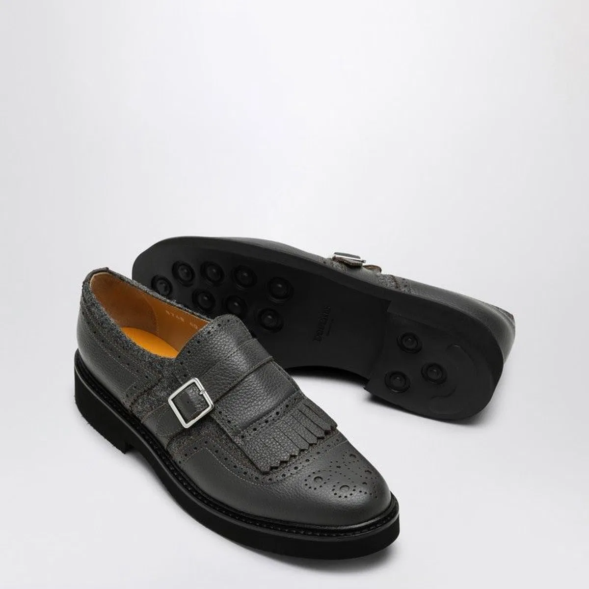 Doucal's Grey Leather Shoes With Buckle And Fring