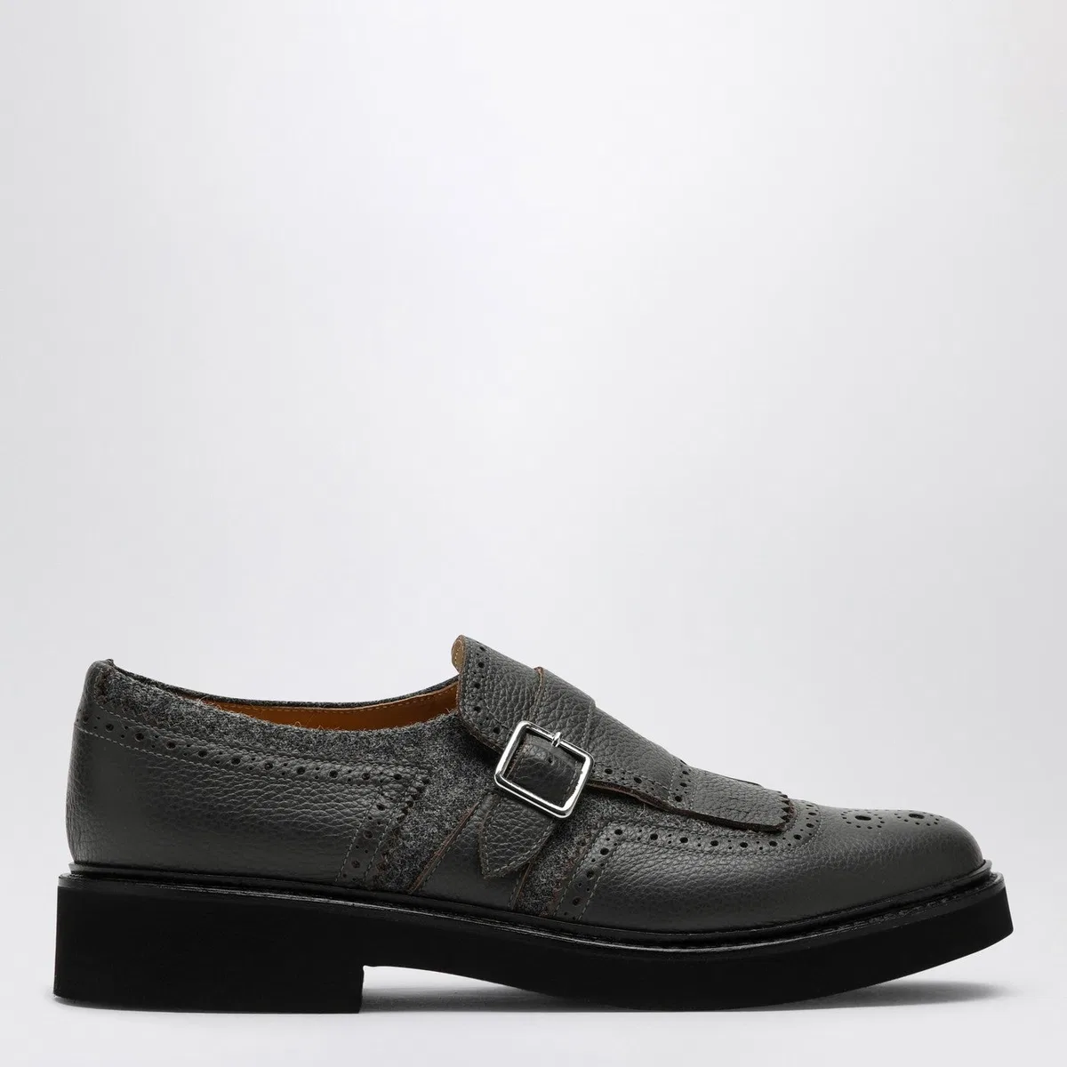 Doucal's Grey Leather Shoes With Buckle And Fring