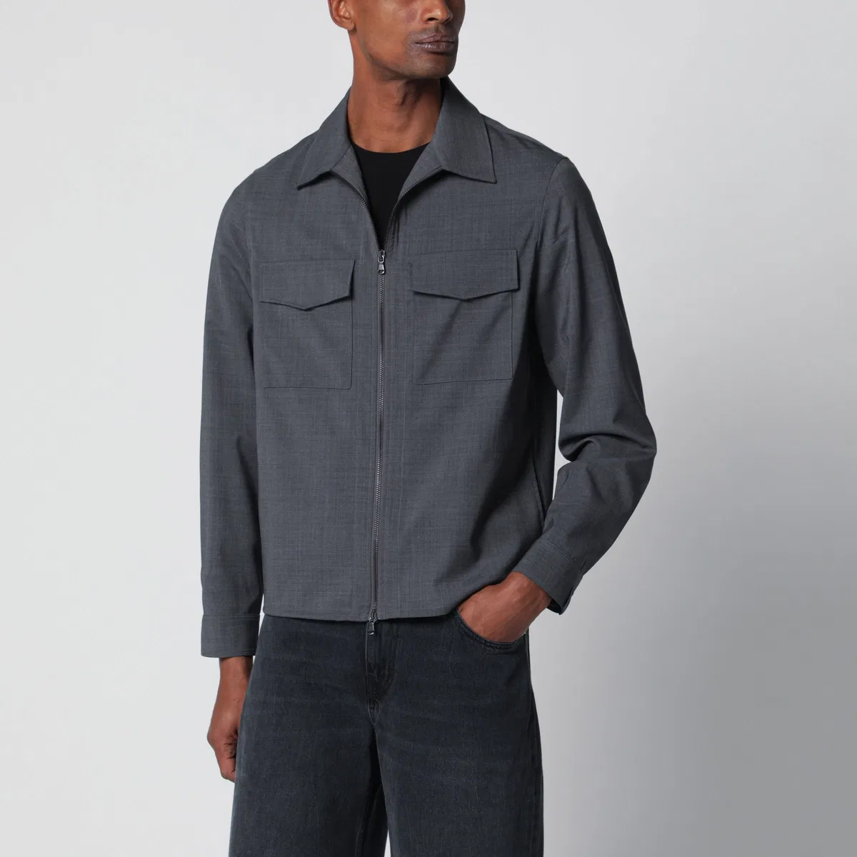 Santaniello Grey Wool-Blend Zip-Up Jacket
