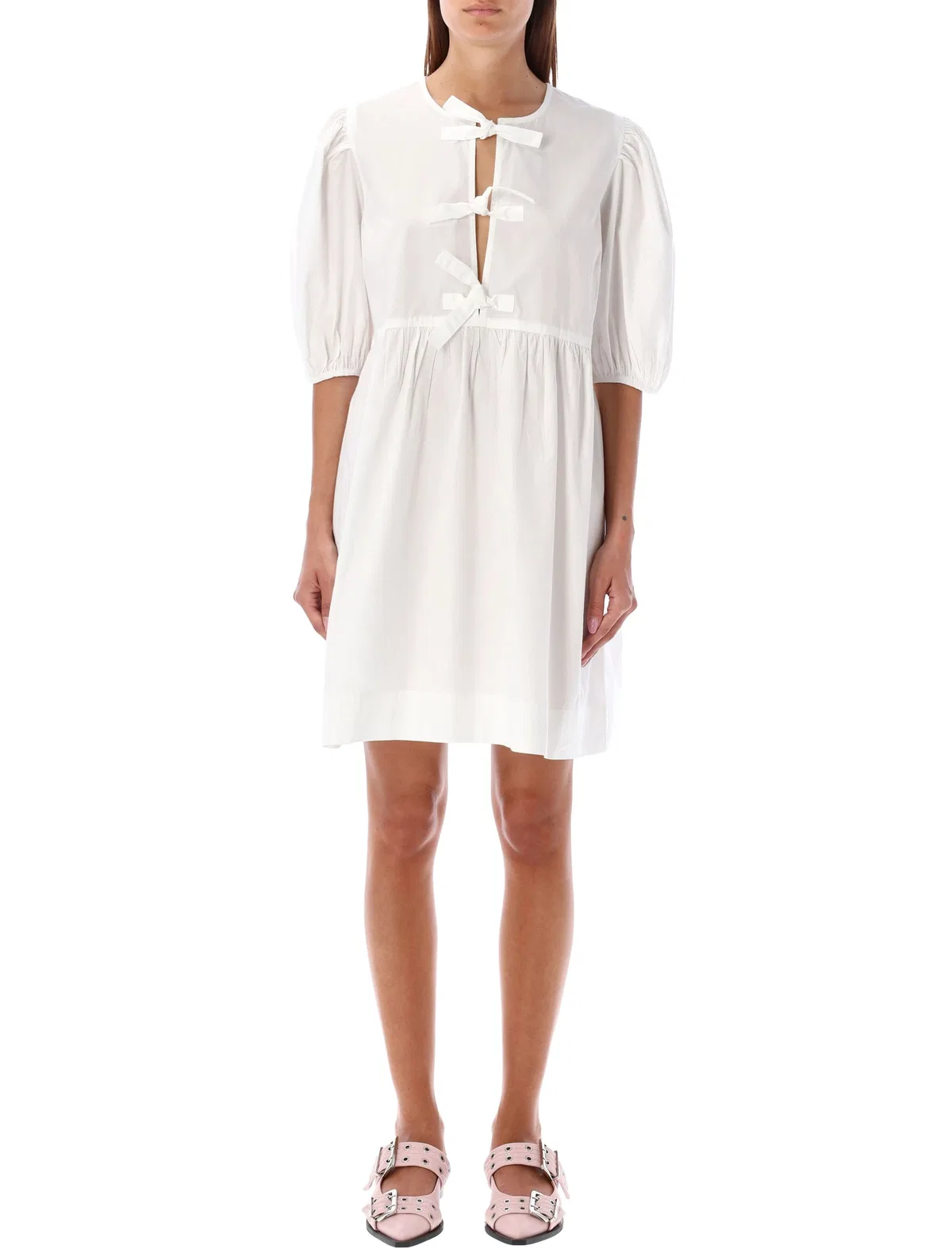 Ganni White Cotton Poplin Mini Dress With Bows