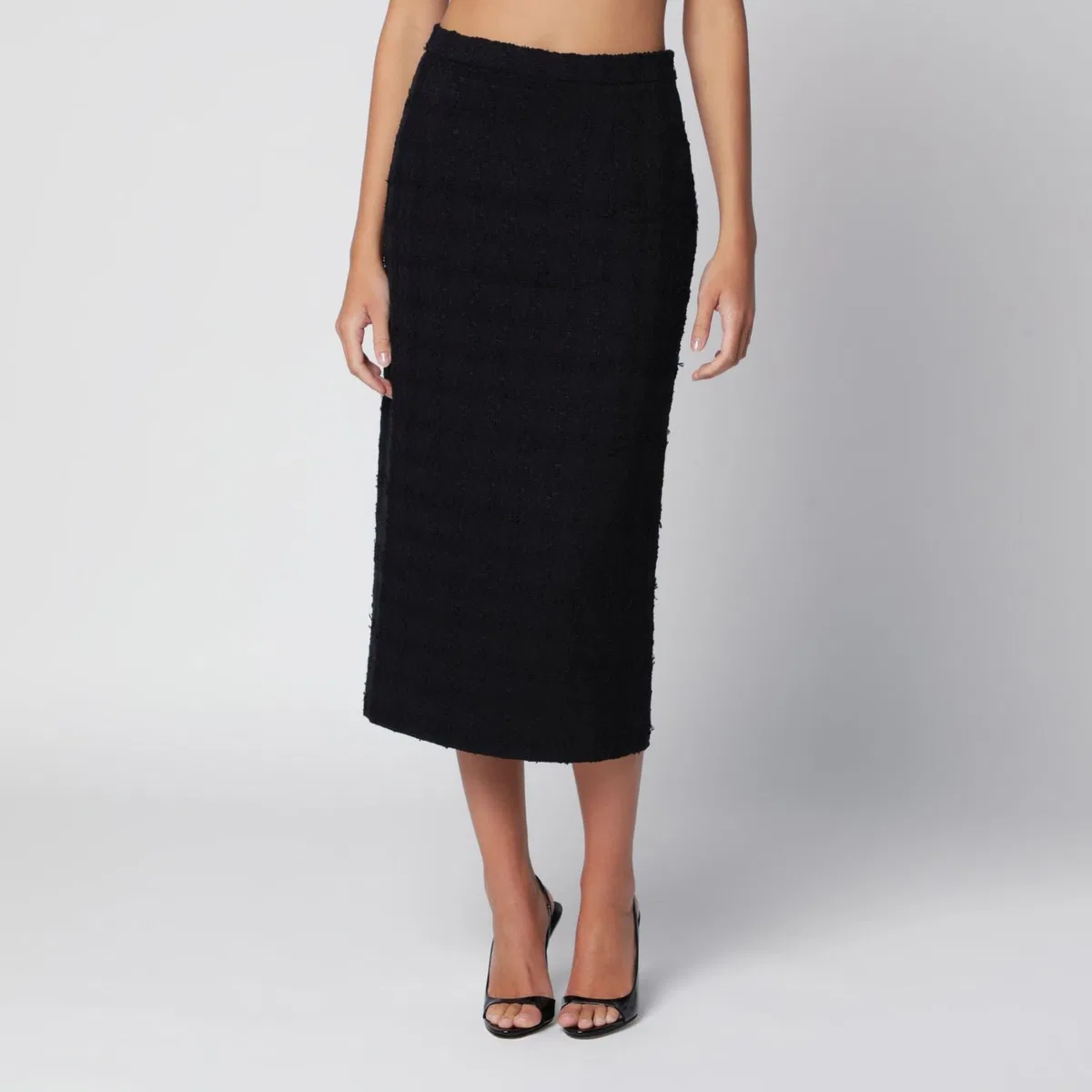 Alessandra Rich Black Bouclé Tweed Midi Skirt
