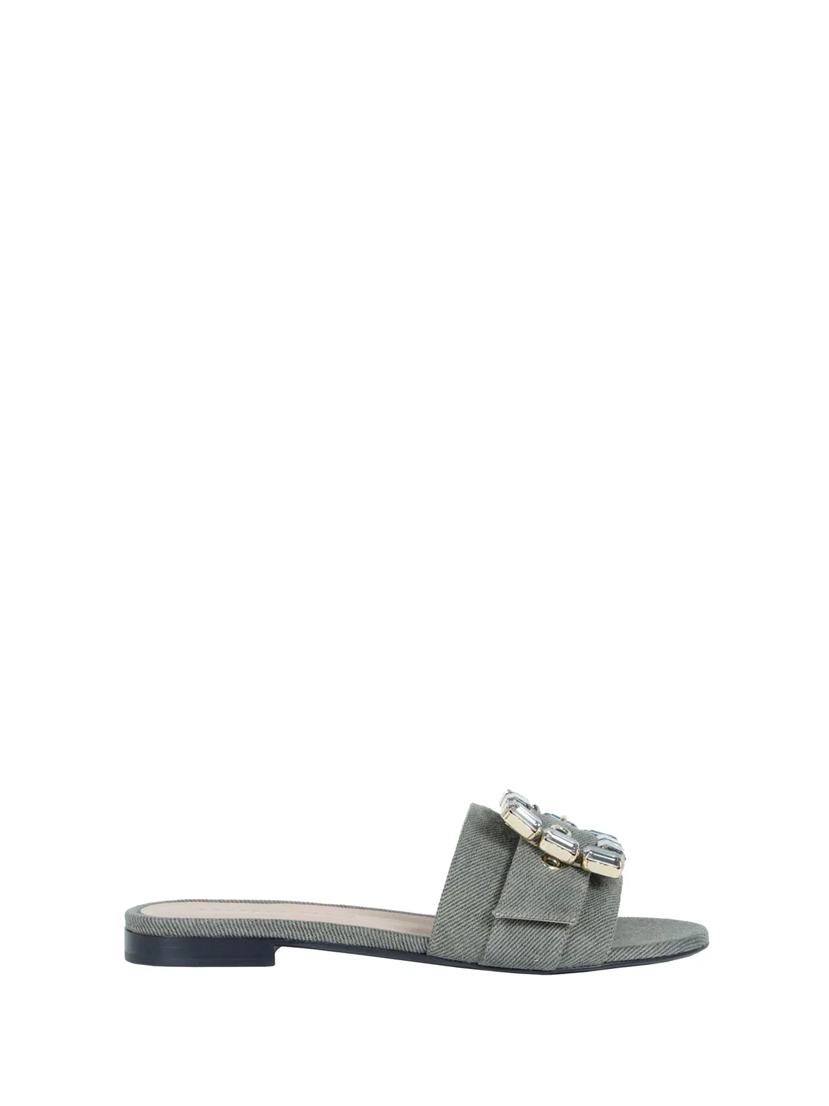 Roberto Festa Flat Slipper In Khaki Jeans With Rhinest