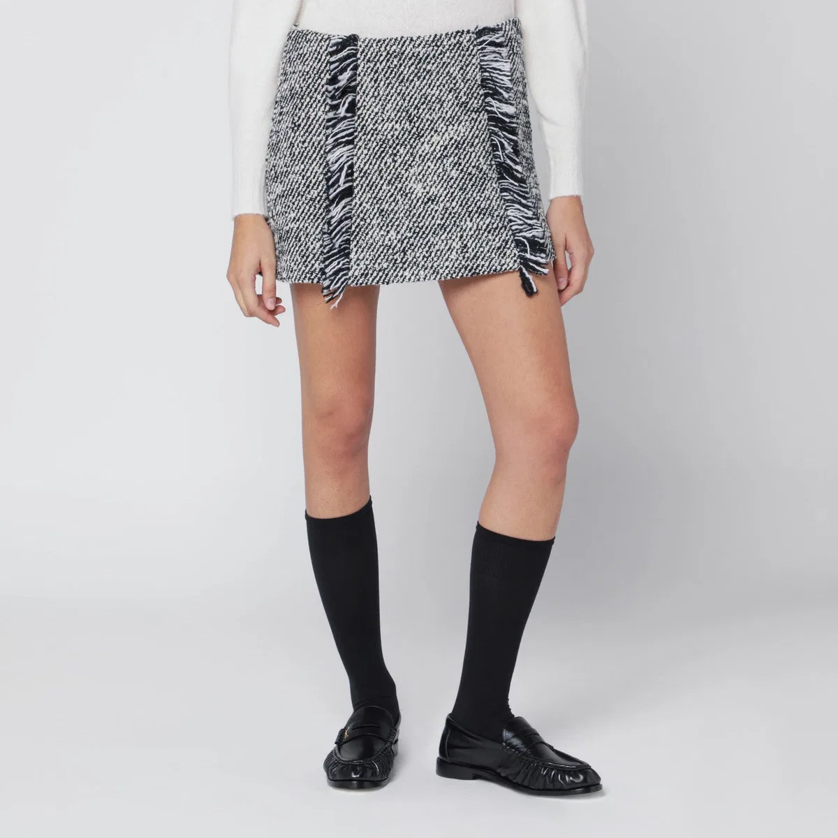 Durazzi Milano Black/White Patterned Wool-Blend Mini Sk