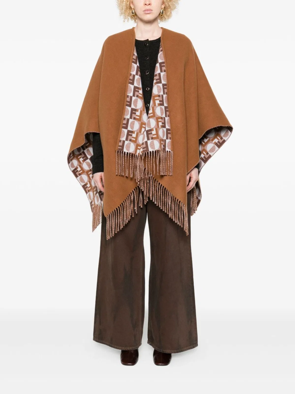 Fendi Biscuit Wool Blend Reversible Cape