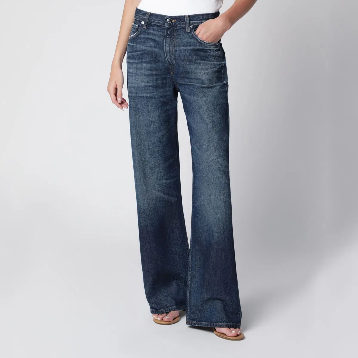 Haikure Korea Jeans In Washed Dark Blue Denim