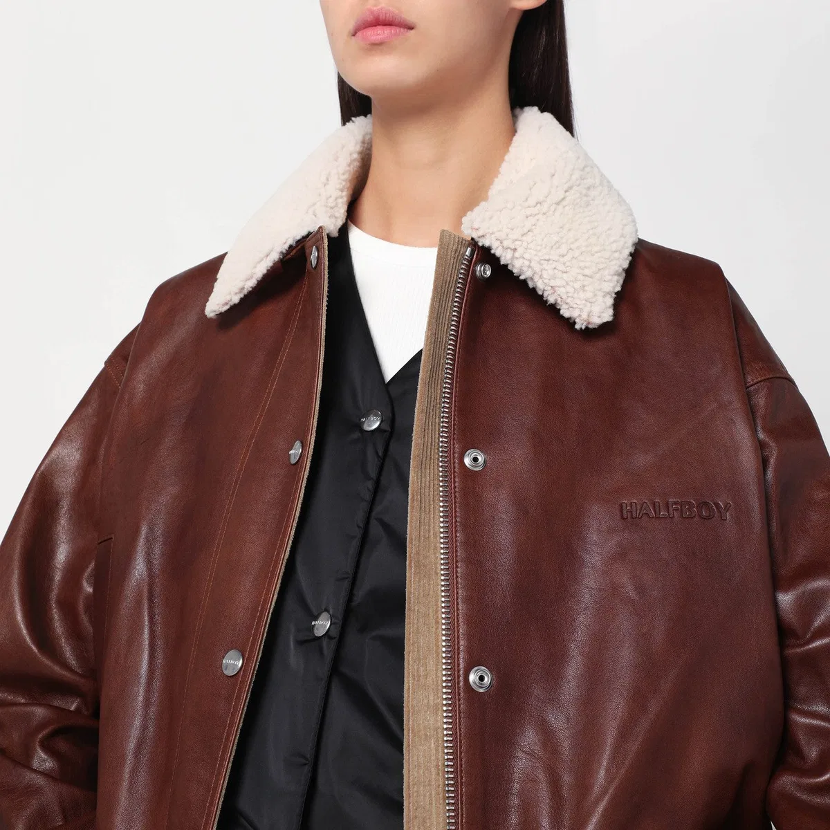 Halfboy Brown Leather Jacket With Shearling Coll
