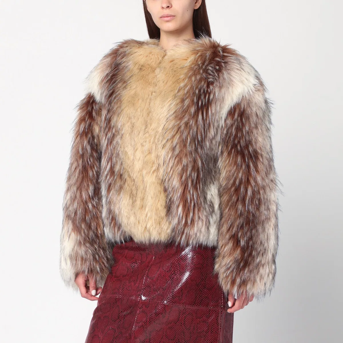 Halfboy Short Beige/Black/White Faux Fur Coat
