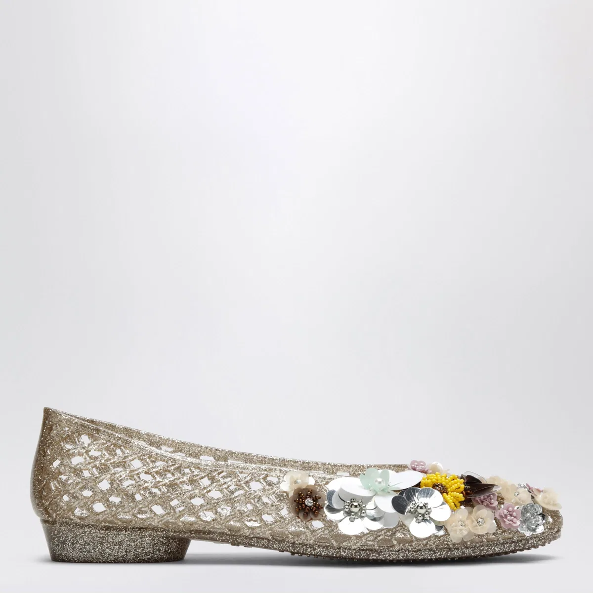 Heavenly Jelly Gold Orchid Ballet Flats In Pvc With Bea
