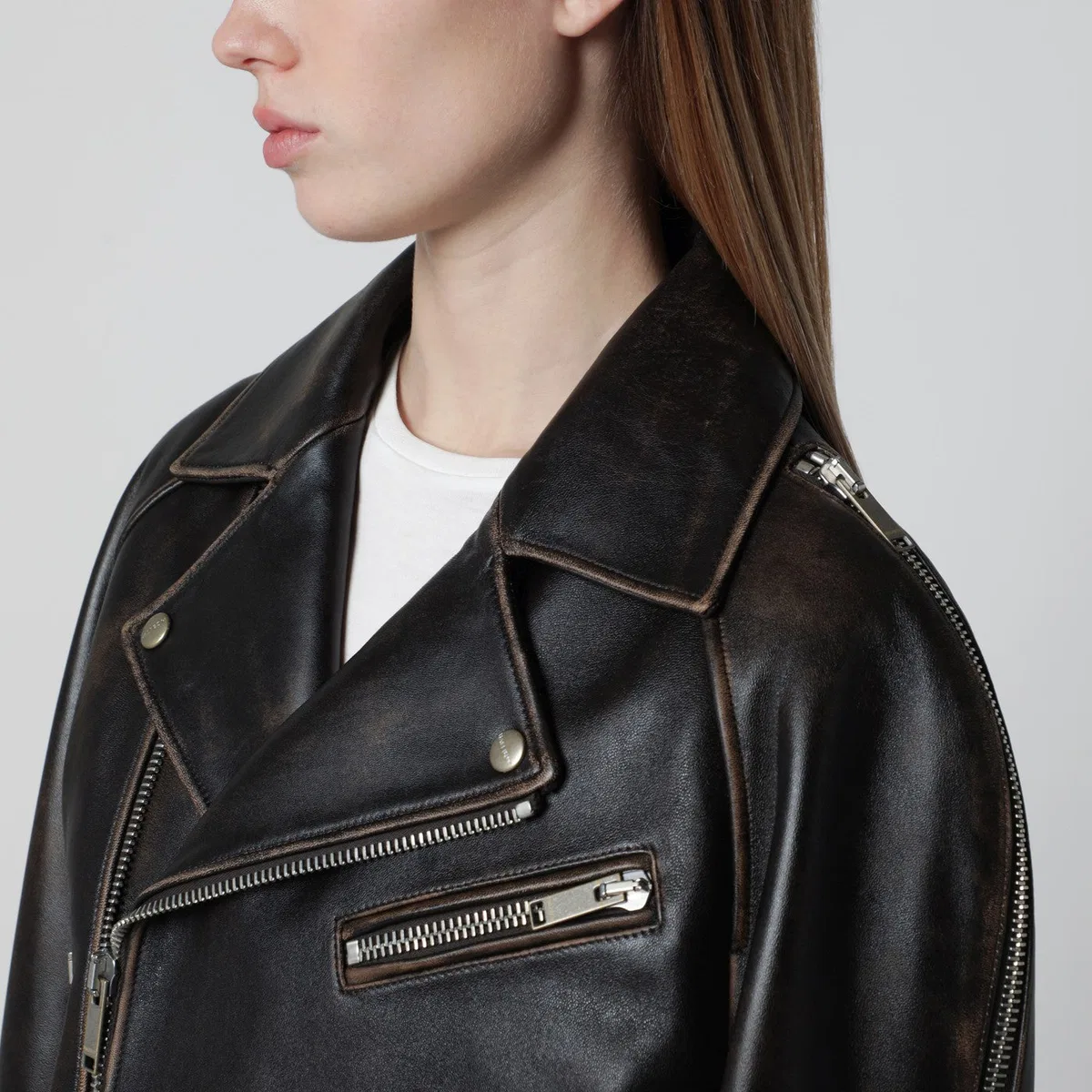 Halfboy Oversized Dark Brown Leather Biker Jacke