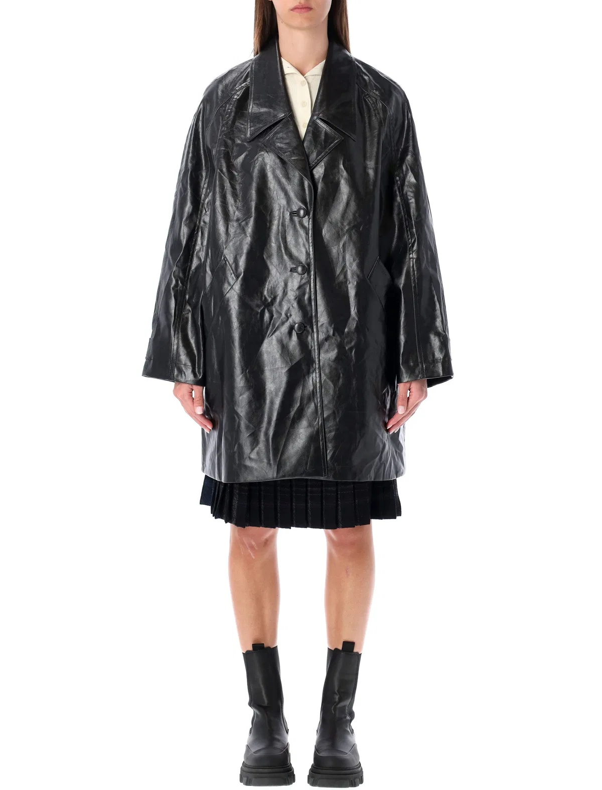Low Classic Oversized Black Faux Leather Coat