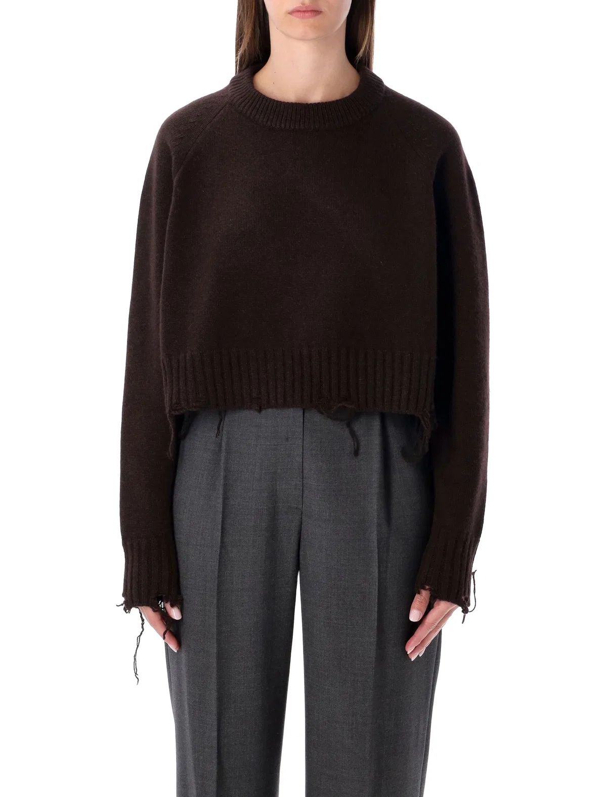 Low Classic Damaged Wool Blend Cropped Pullover Brow