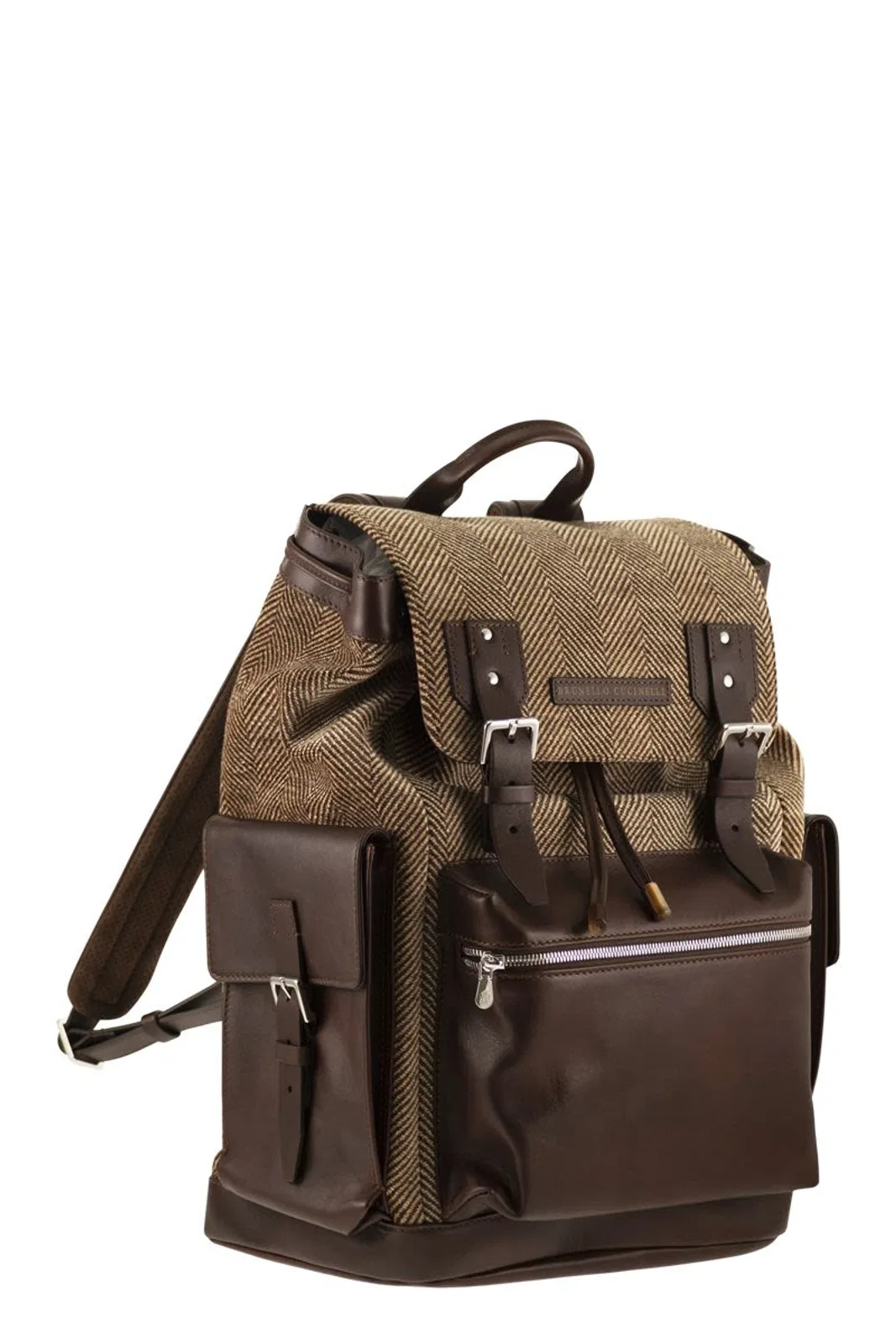 Brunello Cucinelli Herringbone-Texture Backpack With Leathe