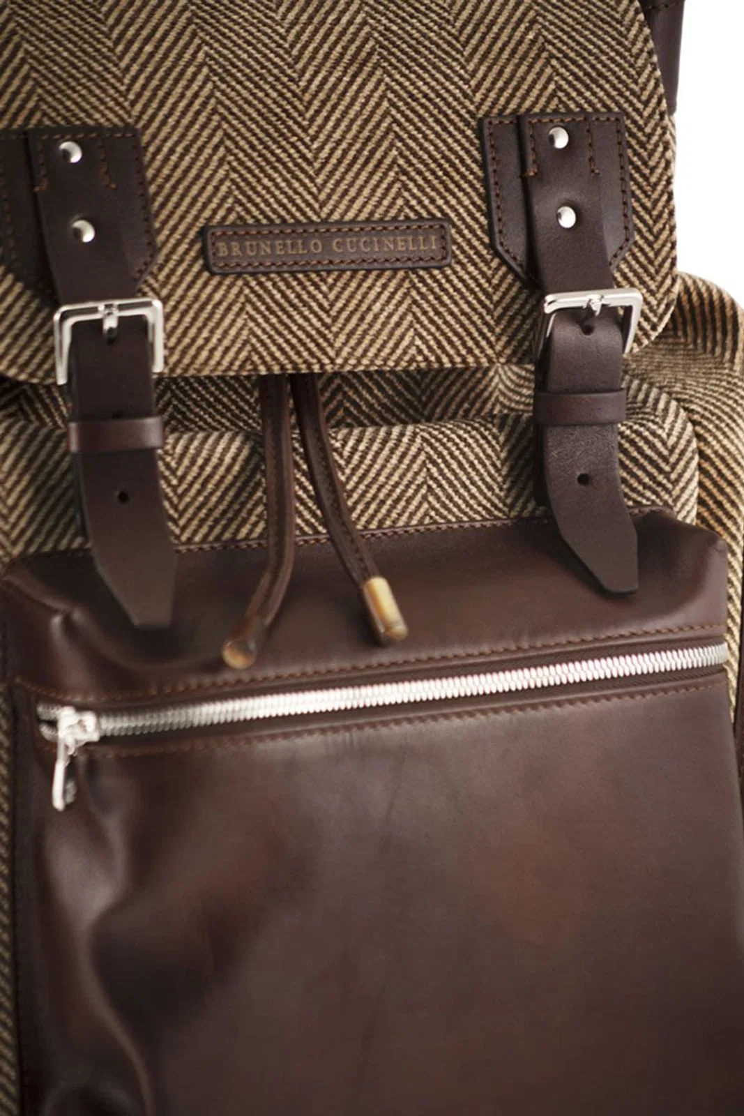 Brunello Cucinelli Herringbone-Texture Backpack With Leathe