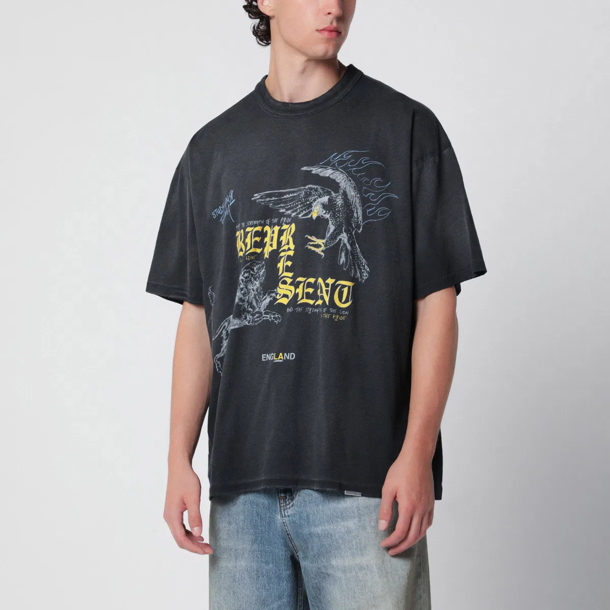 Represent Black Faded T-Shirt With Eagle Logo Prin