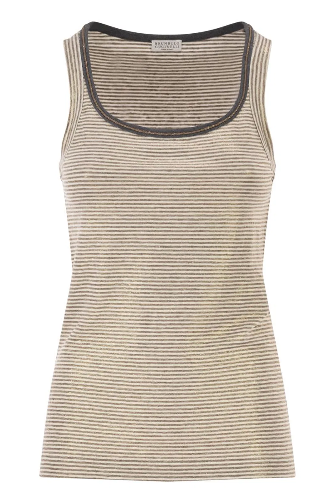 Brunello Cucinelli Linen Striped Crew Neck Top With Contras