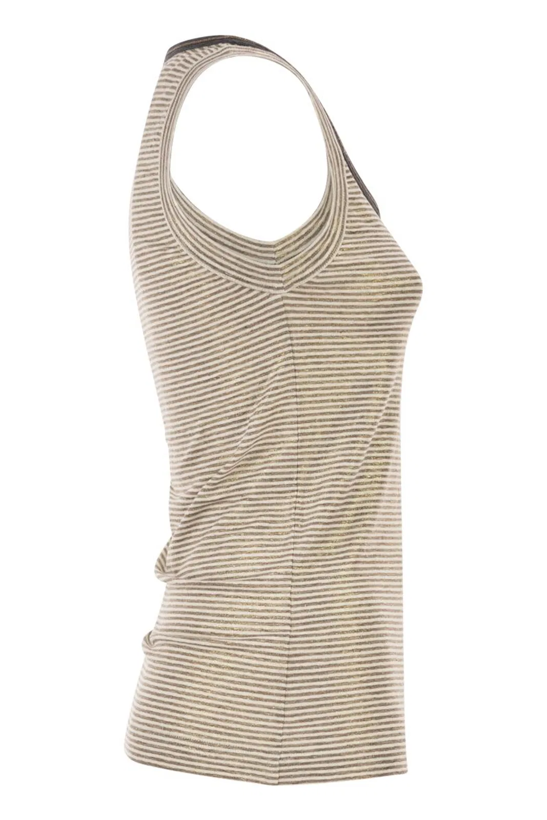 Brunello Cucinelli Linen Striped Crew Neck Top With Contras