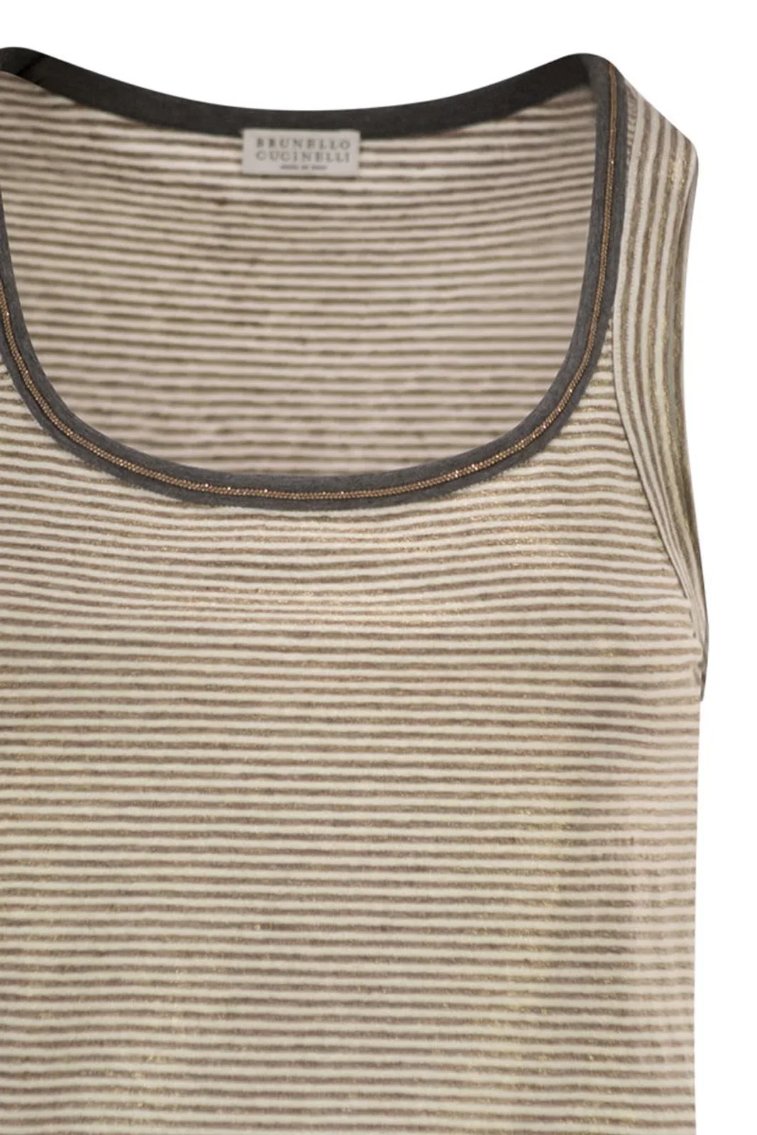 Brunello Cucinelli Linen Striped Crew Neck Top With Contras