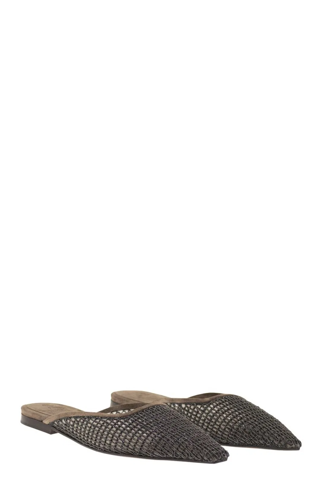 Brunello Cucinelli Suede Mules With Precious Net Embroidery