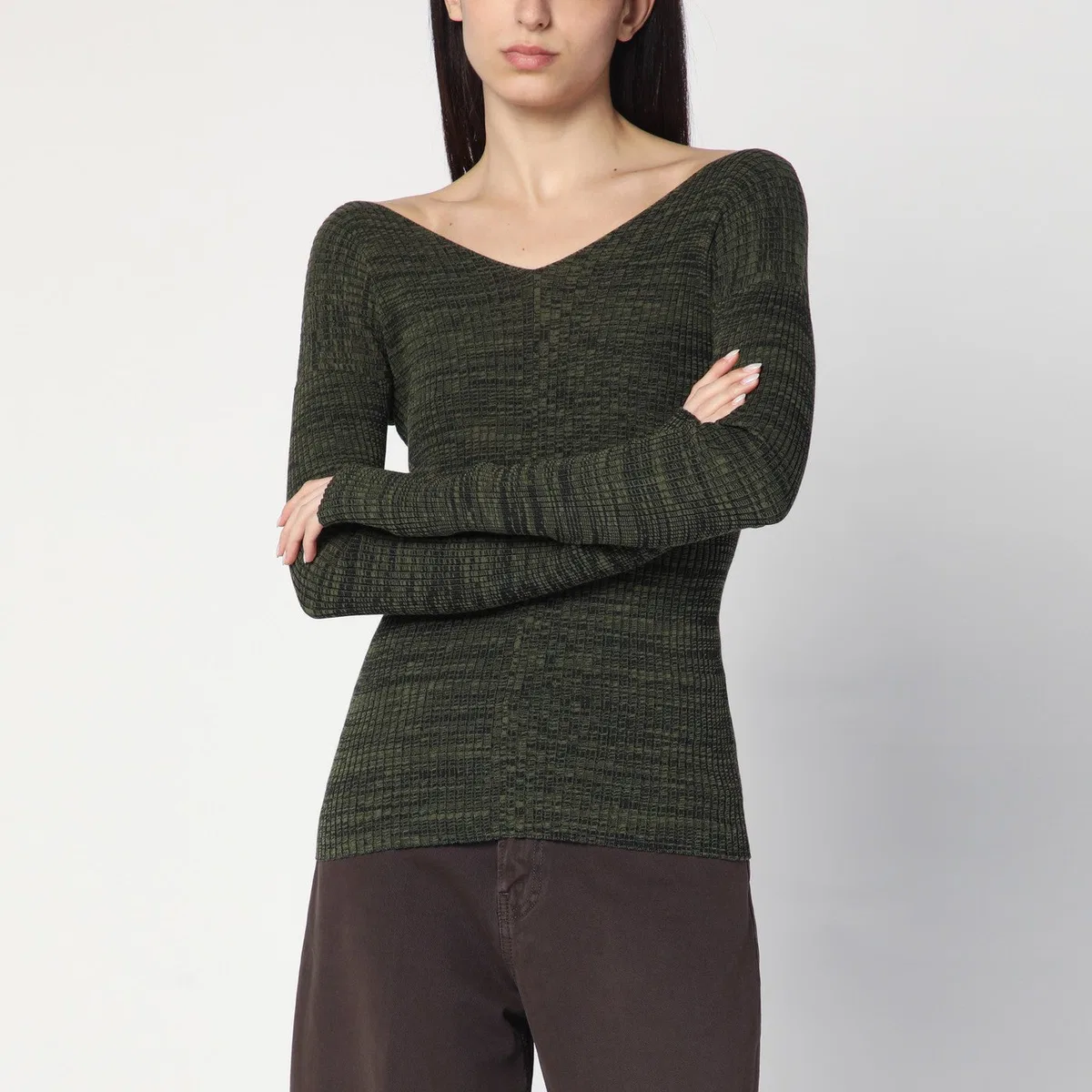 6397 Double-V Military Green Sweater