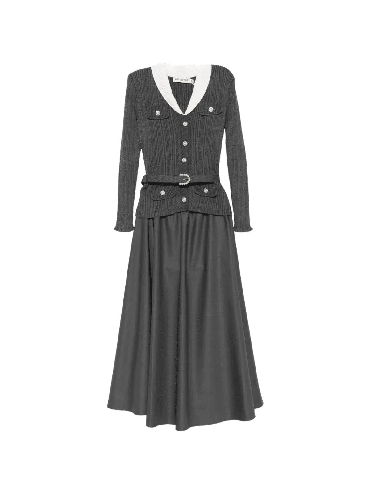 Self-Portrait Belted Ribbed-Knit Midi Dress