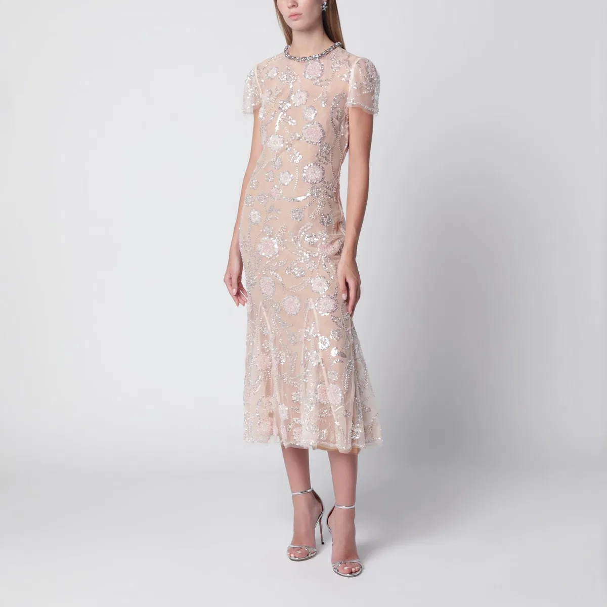 Self-Portrait Floral Sequin Midi Dress In Pink Polyest