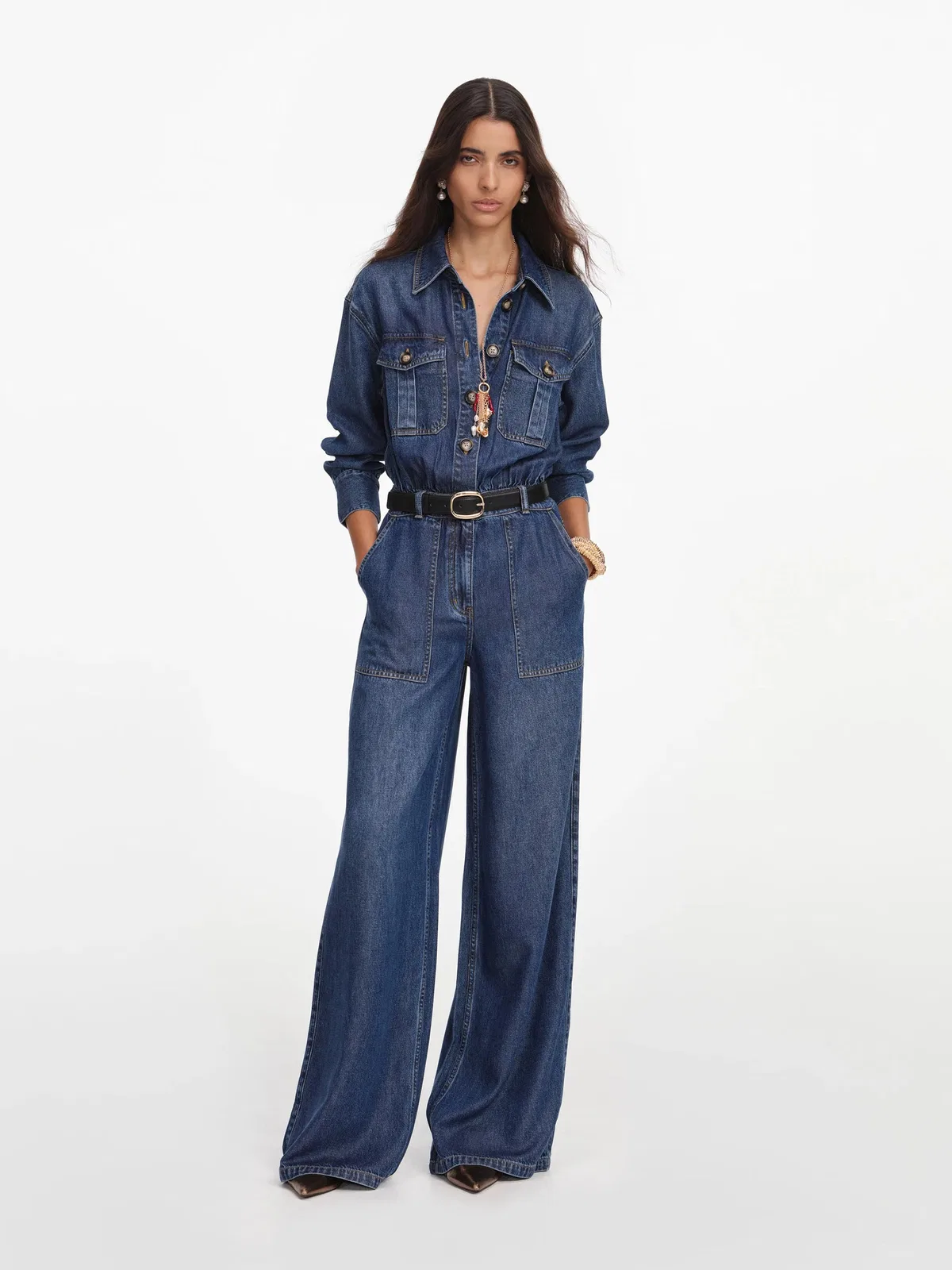 Self-Portrait Denim Relaxed Fit Jumpsuit