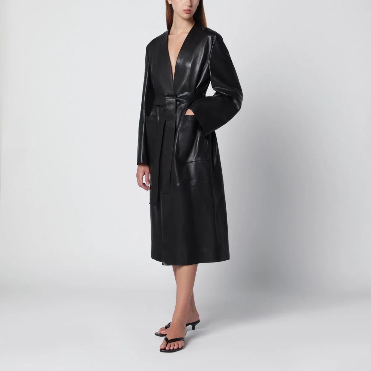 Nour Hammour Ruelle Belted Coat In Smooth Black Leath