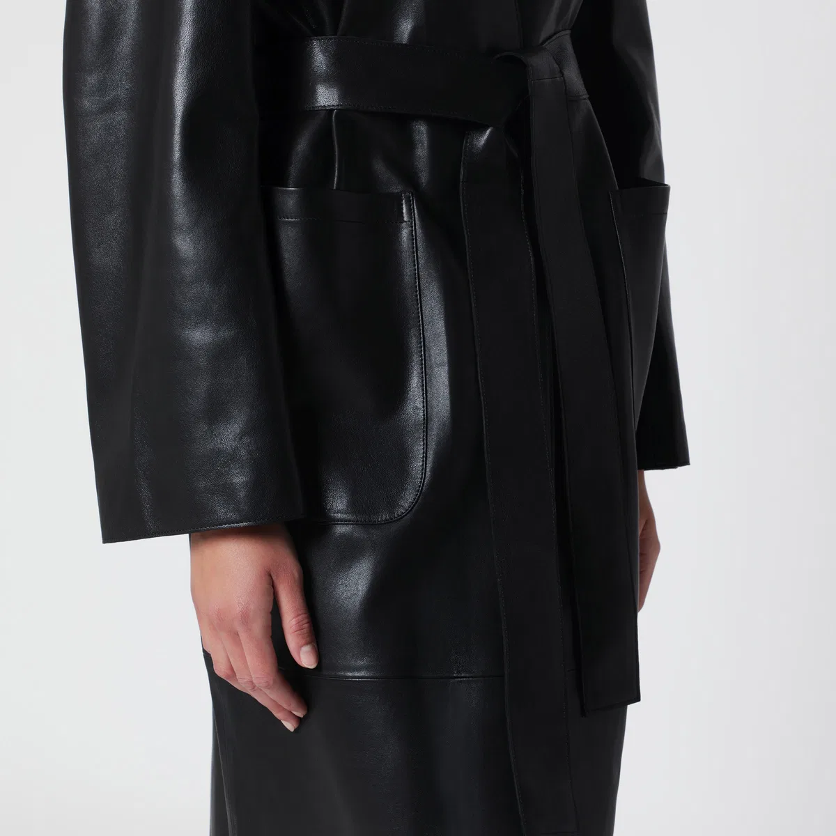Nour Hammour Ruelle Belted Coat In Smooth Black Leath