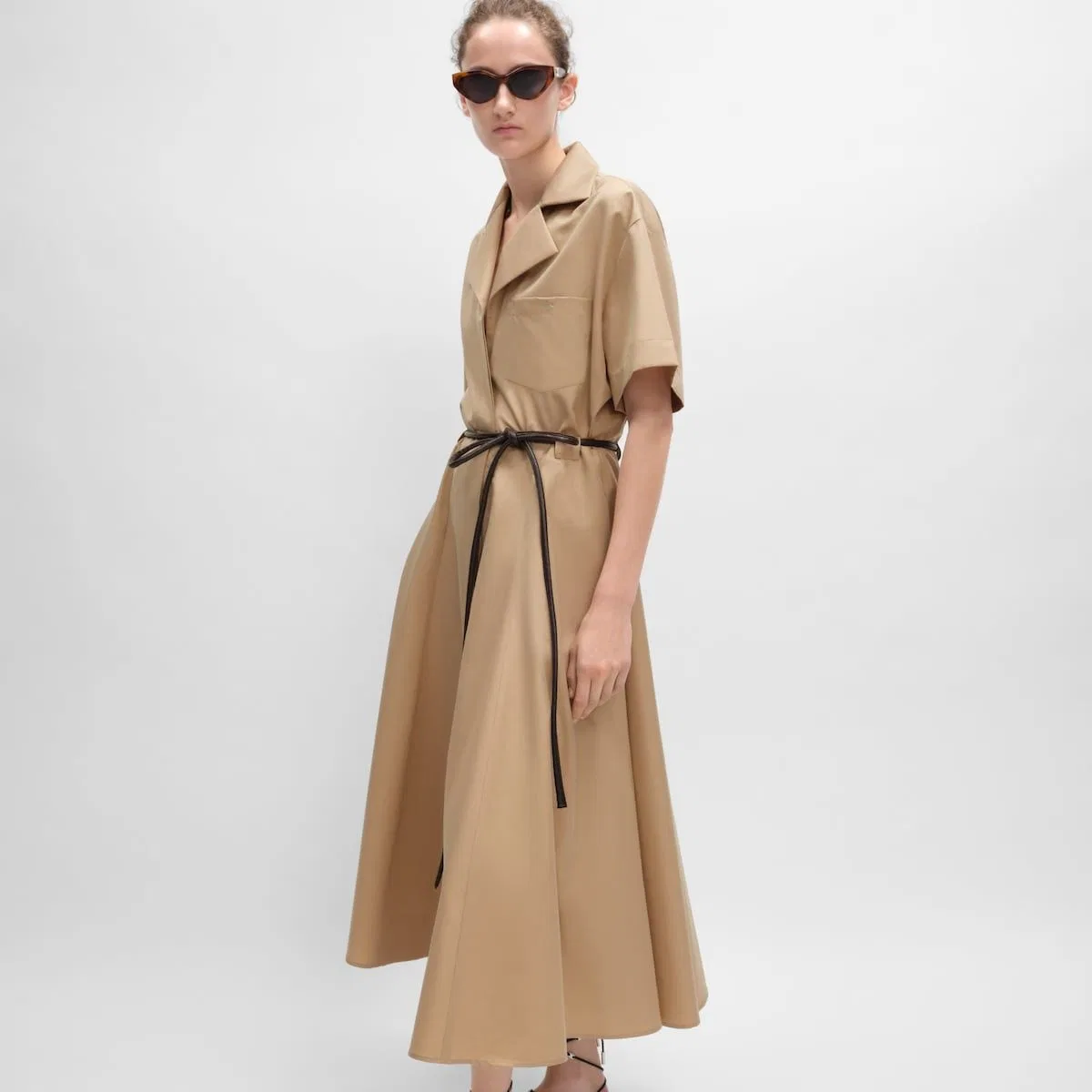 Celine Belted Short-Sleeve Midi Dress