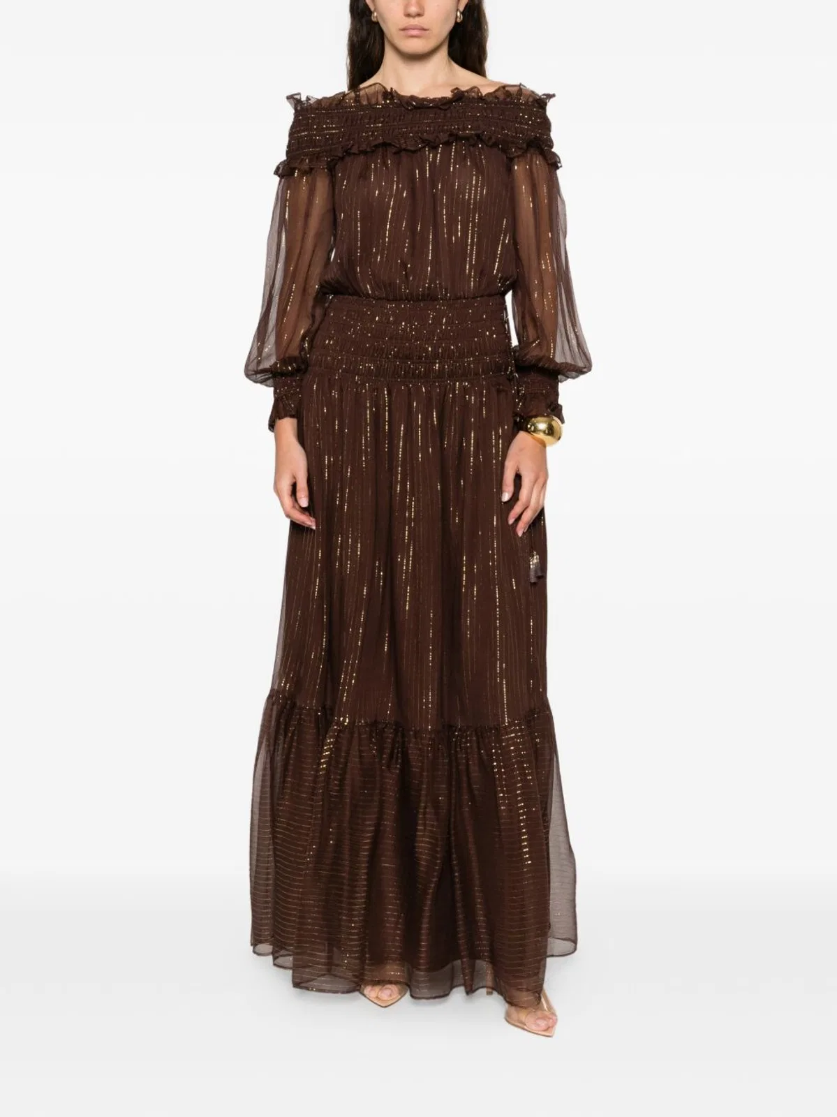 Self-Portrait Brown Dress Gold Line Details