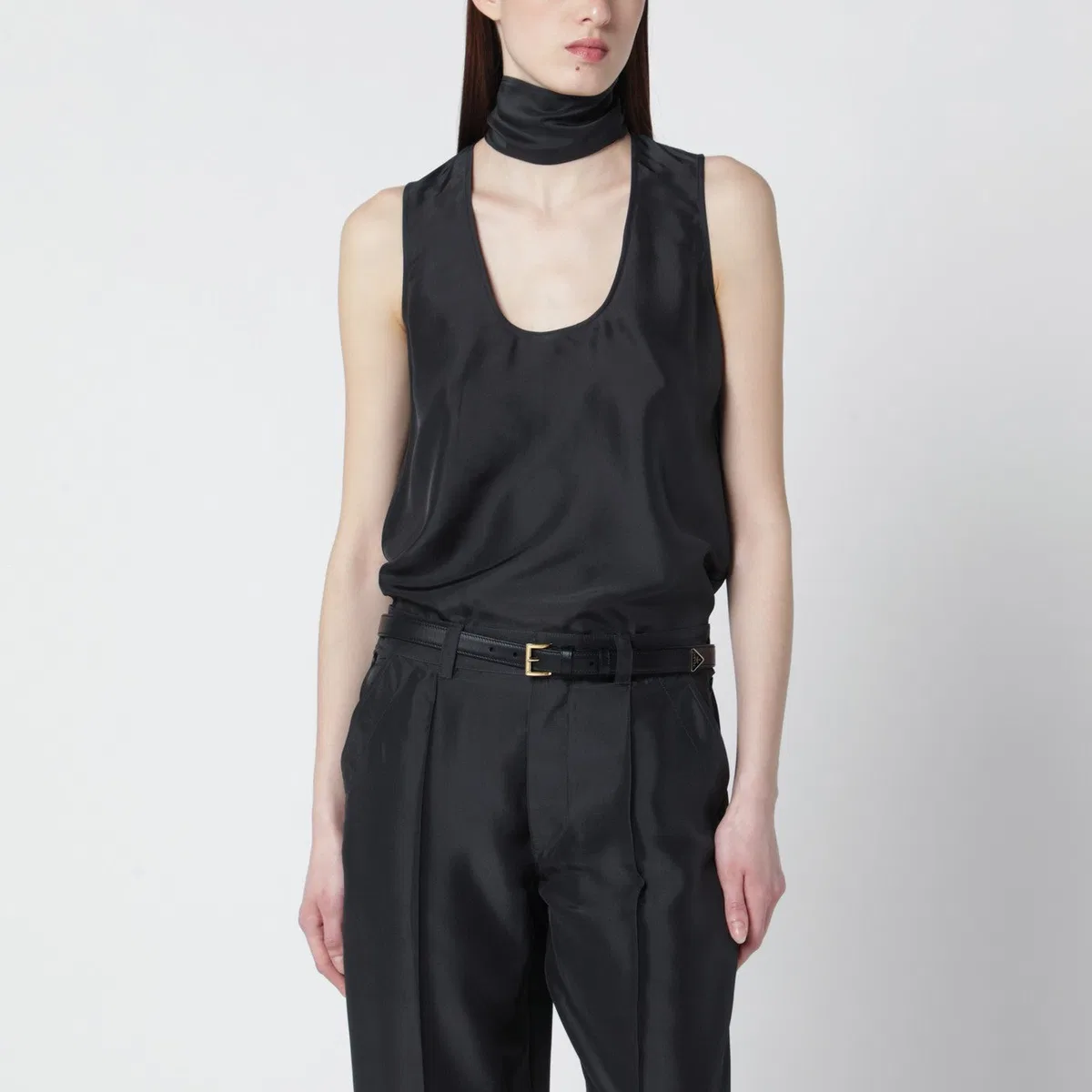 Durazzi Milano Dark Grey Silk Tank Top With Scarf