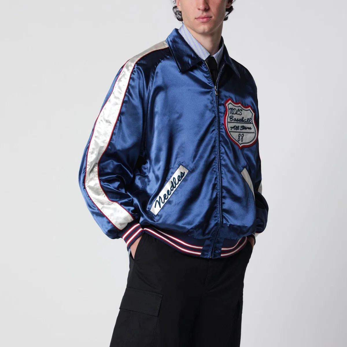 Needles Stadium Jacket In Polyester Satin, Navy