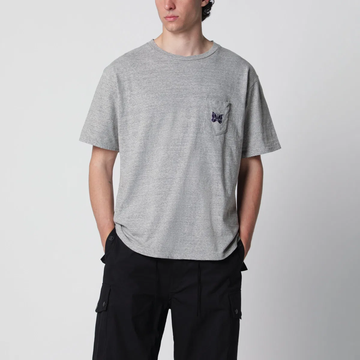 Needles Grey Cotton T-Shirt With Embroidery