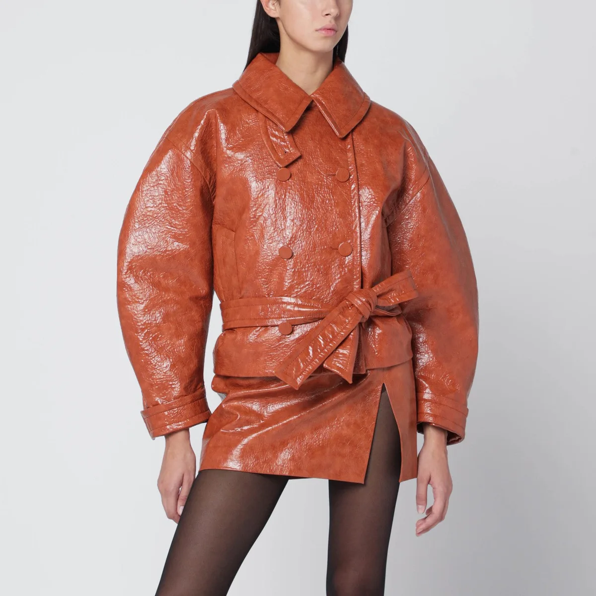 The Andamane Tan Leather-Effect Belted Jacket