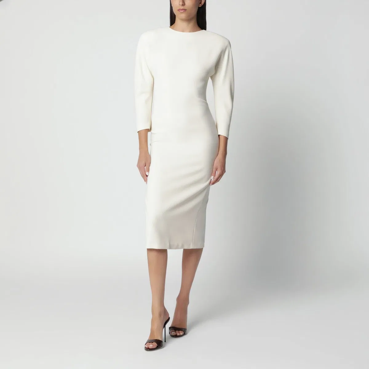 The Andamane Milk White Midi Dress With Rounded Shoul