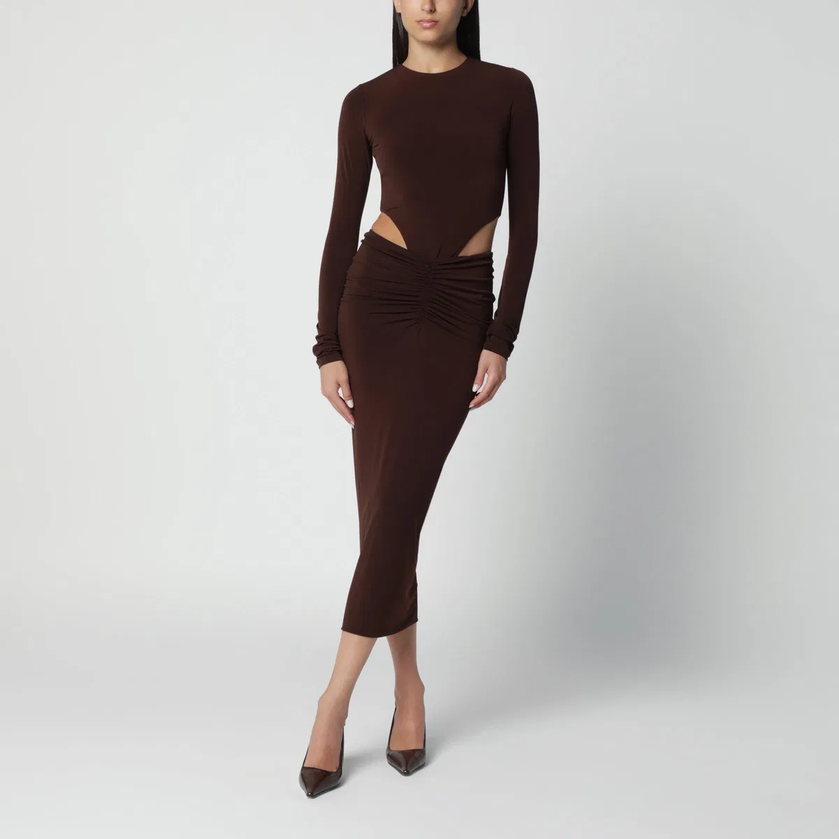 The Andamane Brown Midi Dress With Waist Cut-Out Deta