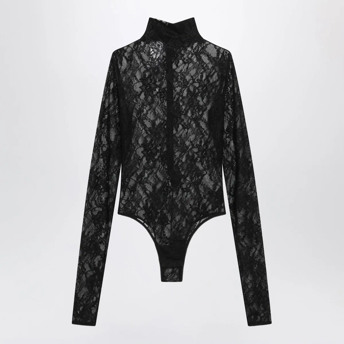 The Andamane Black Semisheer Lace Turtleneck Bodysuit